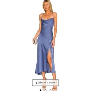 Blue ASTR The Label satin midi dress with cowl neckline and split hem size small